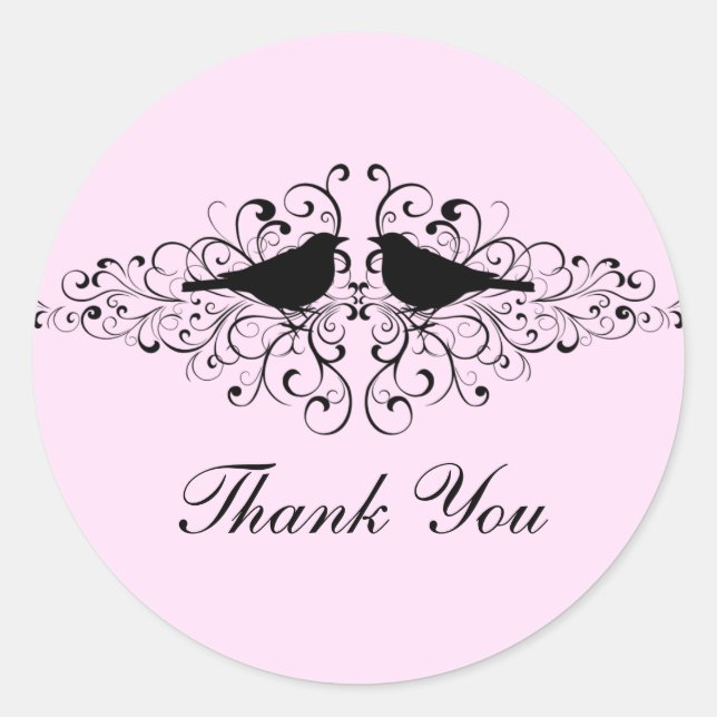 Pink Love Bird Swirls Gracias Pegatinas (Anverso)