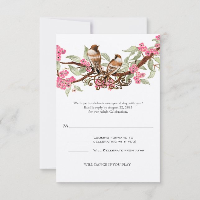 Pink Love Bird Wedding RSVP (Anverso)