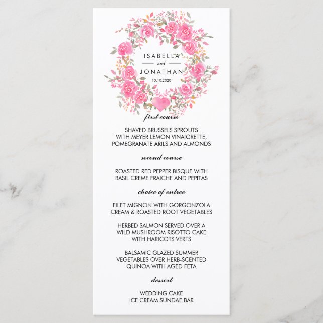Pink Love | Corona de rosas rústicas boda Menu (Anverso)