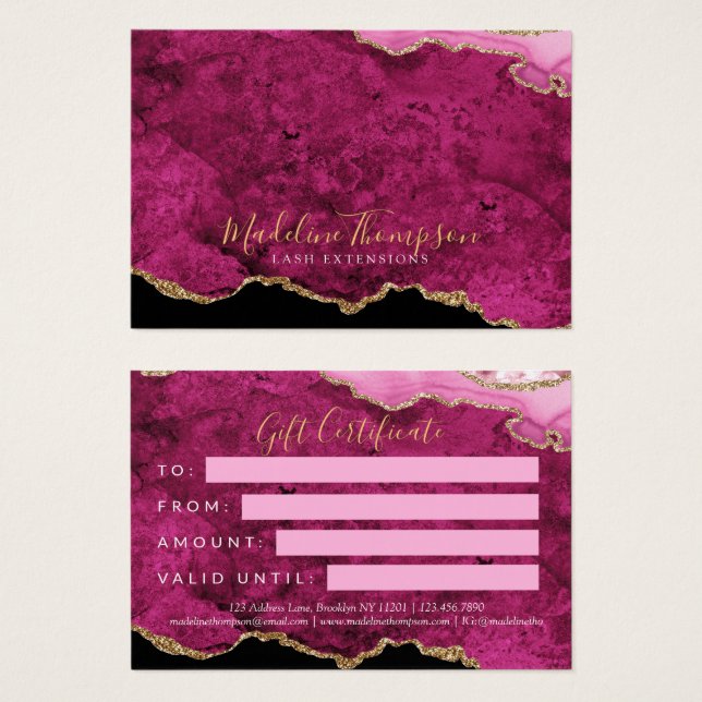 Pink Magenta Gold Agate Business Gift Certificate (Anverso y reverso)