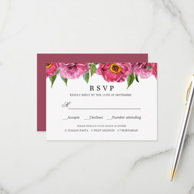 Pink Magenta Peonies WEDDING RSVP MEAL CHOIE (Anverso/Reverso In Situ)