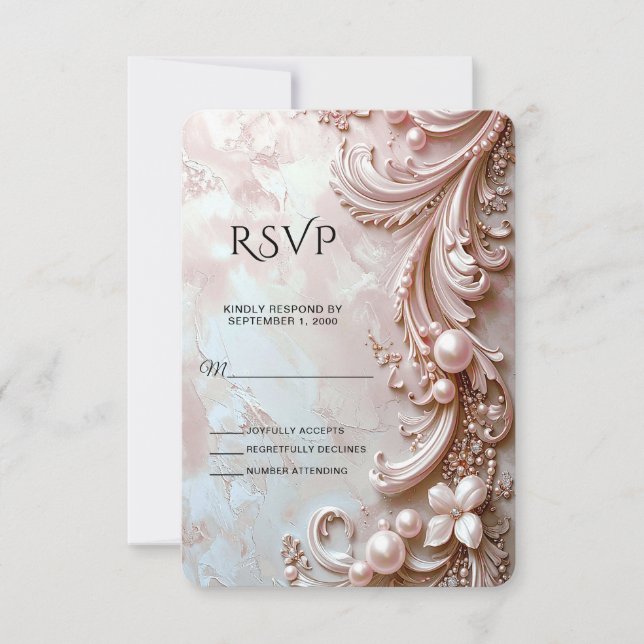 Pink Ornate Pearl and Floral RSVP Card (Anverso)
