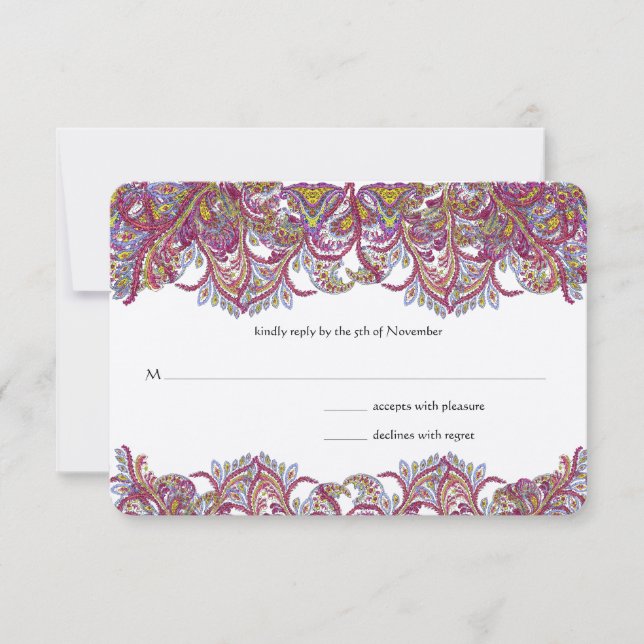 Pink Paisley Peacock Wedding RSVP (Anverso)