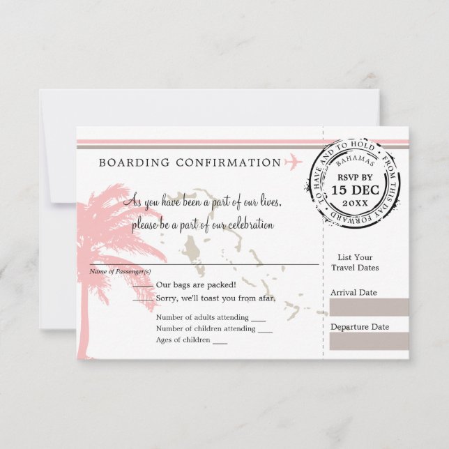 Pink Palm Tree Bahamas Boarding Pass Wedding RSVP (Anverso)