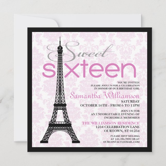 Pink Paris Sweet 16 Invitaciones (Anverso)