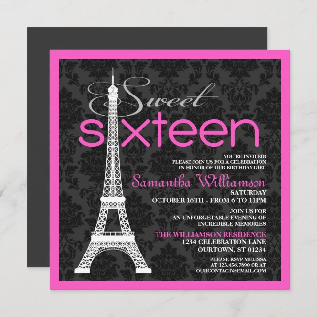 Pink Paris Sweet 16 Invitaciones (Anverso / Reverso)