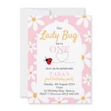 Pink Pastel Daisy Lady Bug Invitación de cumpleaño
