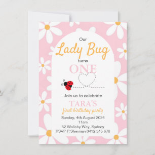 Pink Pastel Daisy Lady Bug Invitación de cumpleaño