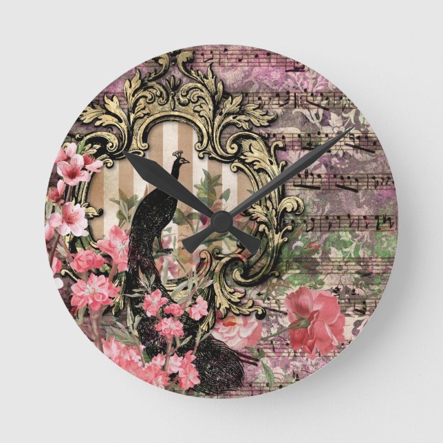 Pink Peacocks Peacock Reloj de pared acrílico fran (Anverso)