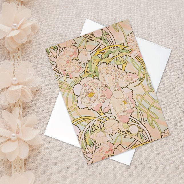 Pink Peony Floral Alphonse Mucha Tarjeta de Nota (Subido por el creador)