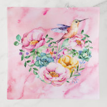 Pink Peony Watercolor Hummingbird Heart Bouquet