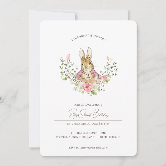 Pink Peter the Rabbit First Birthday Invitaciones (Anverso)
