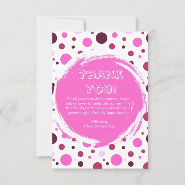 Pink polka dot Baby Shower Thank you card (Anverso)