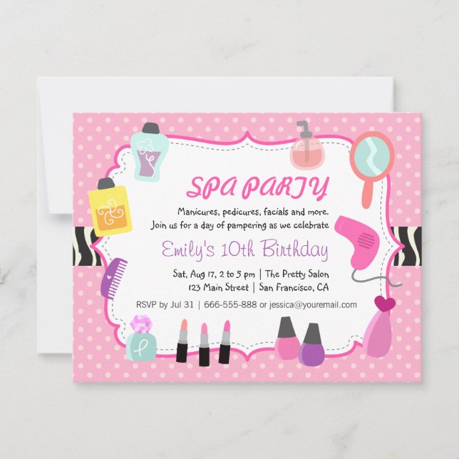Pink Polka Dots Spa Invitación a la fiesta de cump (Anverso)