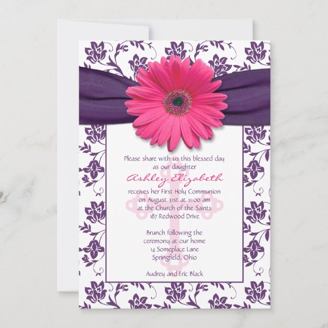 Pink Purple Daisy Primera Invitación De Comunión (Anverso)