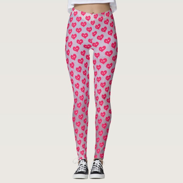 Pink Purple Hearts Pattern Valentine Day Leggings (Anverso)