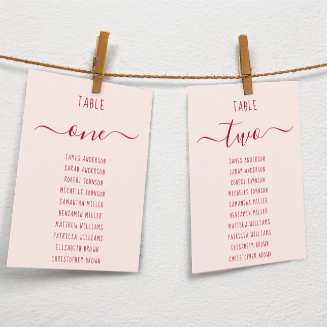 Pink & Red Script Simple Modern Seating Chart Card (Subido por el creador)