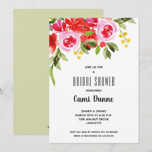 Pink Red Watercolor Floral Bridal Shower Invita