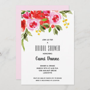 Pink Red Watercolor Floral Bridal Shower Invita
