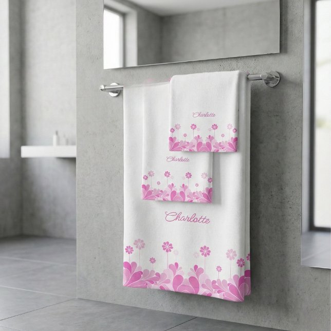 Pink Retro Floral Bloom Bath Towel Set (Subido por el creador)
