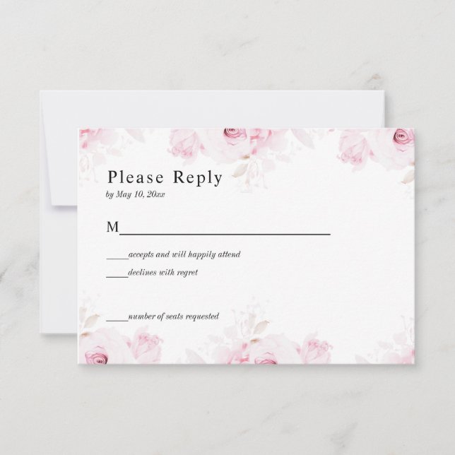Pink Romantic Roses Elegant White RSVP Card (Anverso)