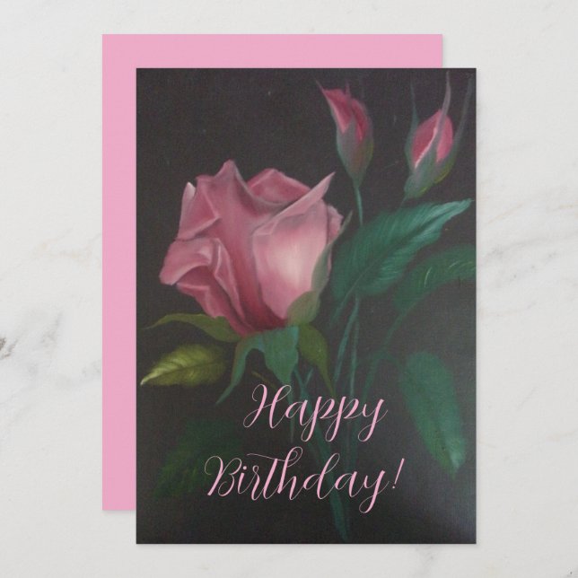 Pink Rose n Rosebuds Flat Greeting Card (Anverso / Reverso)