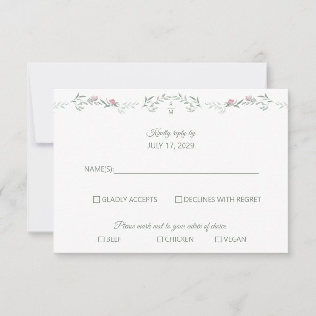 Pink Rose Vine and Monogram RSVP Response Card (Anverso)