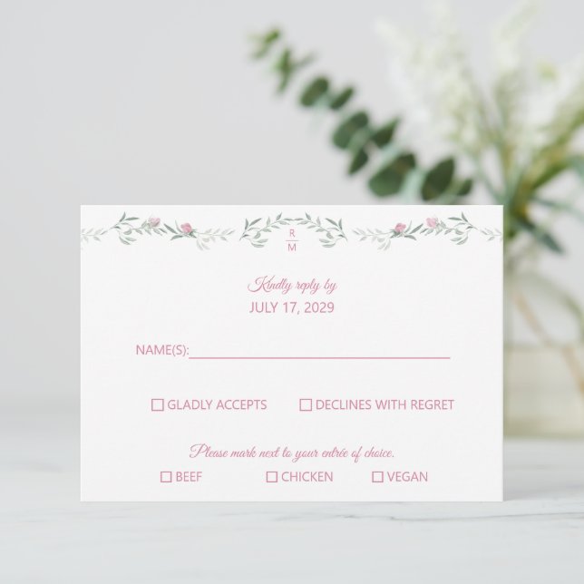 Pink Rosebuds Greenery Monogram RSVP Response Card (Anverso de pie)