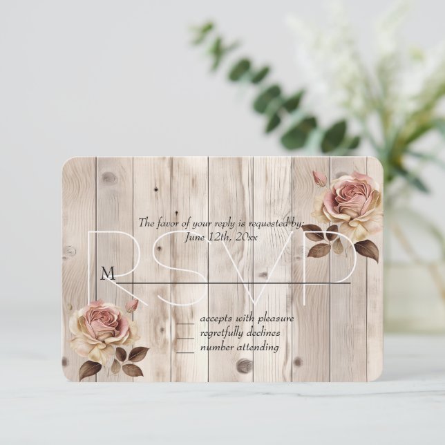 Pink Roses Cream White Wood Wedding RSVP (Anverso de pie)