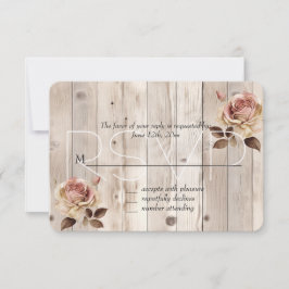 Pink Roses Cream White Wood Wedding RSVP