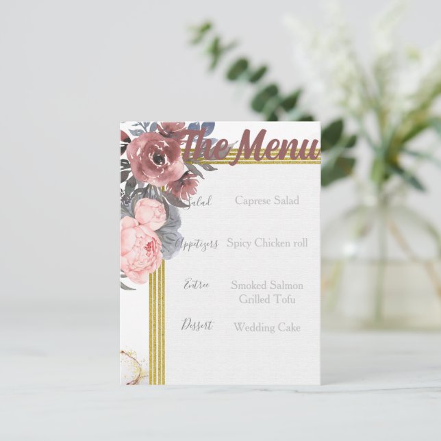 Pink Roses Gray & Gold Wedding Menu (Anverso de pie)