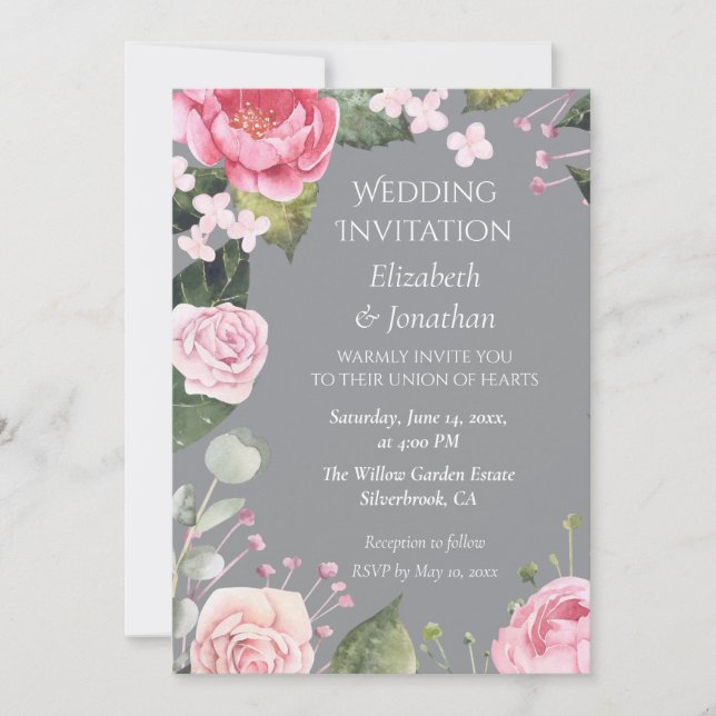 Pink Roses on Grey Customizable Wedding Invitation (Anverso)