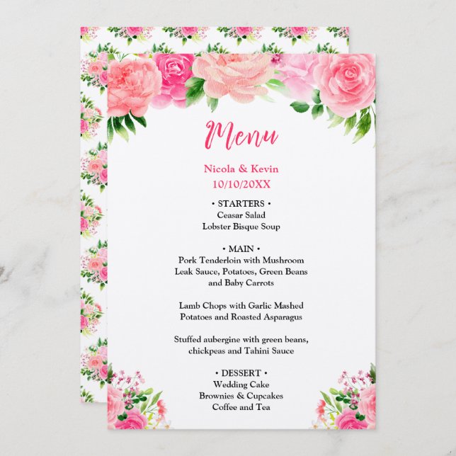 Pink Roses with Foliage Wedding Menu (Anverso / Reverso)