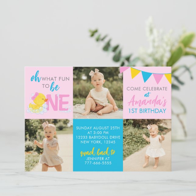 Pink Rubber Duck 3 Invitación de cumpleaños a la f (Anverso de pie)