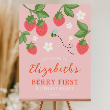 Pink Strawberry Berry First Birthday Welcome Sign
