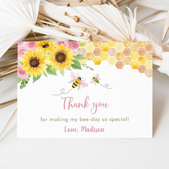 Pink Sunflower Bee Birday - Tarjeta de agradecimie (Subido por el creador)