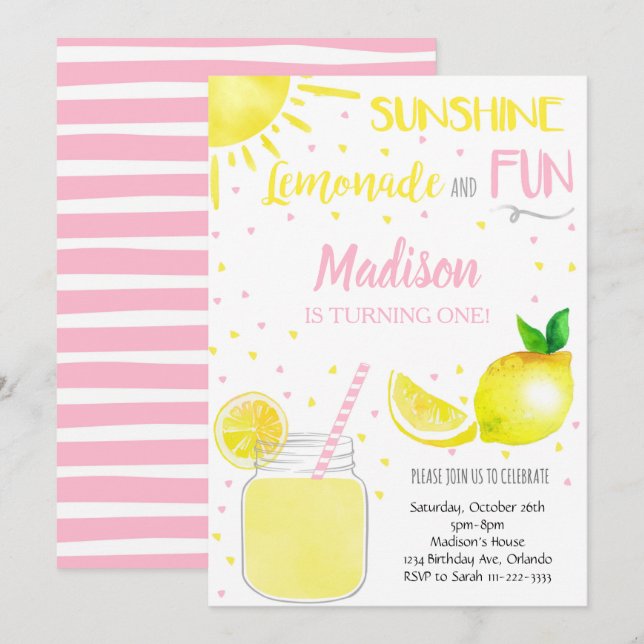 Pink Sunshine Lemonade Fiesta divertido Invitación (Anverso / Reverso)