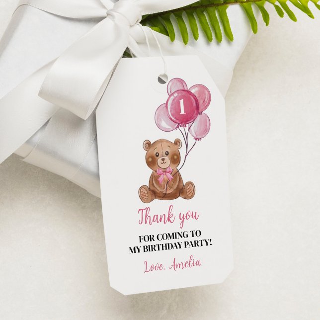 Pink Teddy Bear 1er cumpleaños etiqueta de agradec (Subido por el creador)