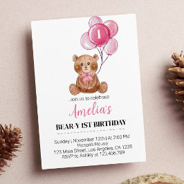 Pink Teddy Bear Globos Invitación de primer cumple