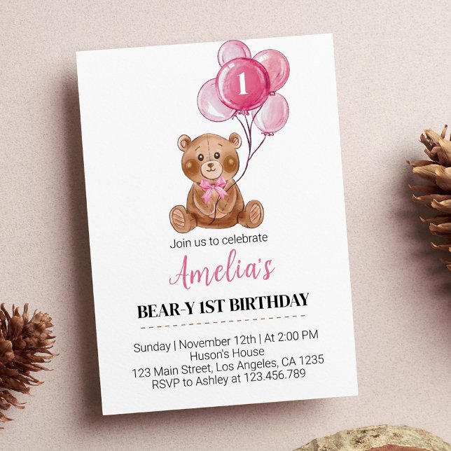 Pink Teddy Bear Globos Invitación de primer cumple (Subido por el creador)
