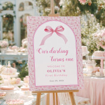 Pink Toile Coquette Bow Primer Chica de cumpleaños