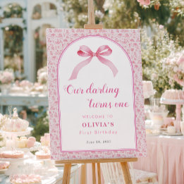 Pink Toile Coquette Bow Primer Chica de cumpleaños