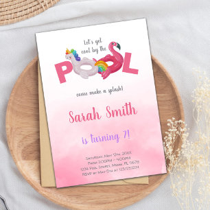 Pink Unicorn Flamingo Pool Invitaciones de cumplea