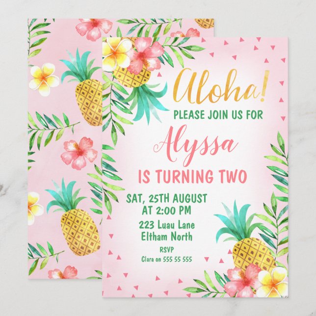 Pink Watercolor Aloha Luau Invitación al cumpleaño (Anverso / Reverso)