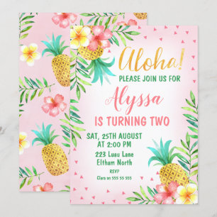 Pink Watercolor Aloha Luau Invitación al cumpleaño