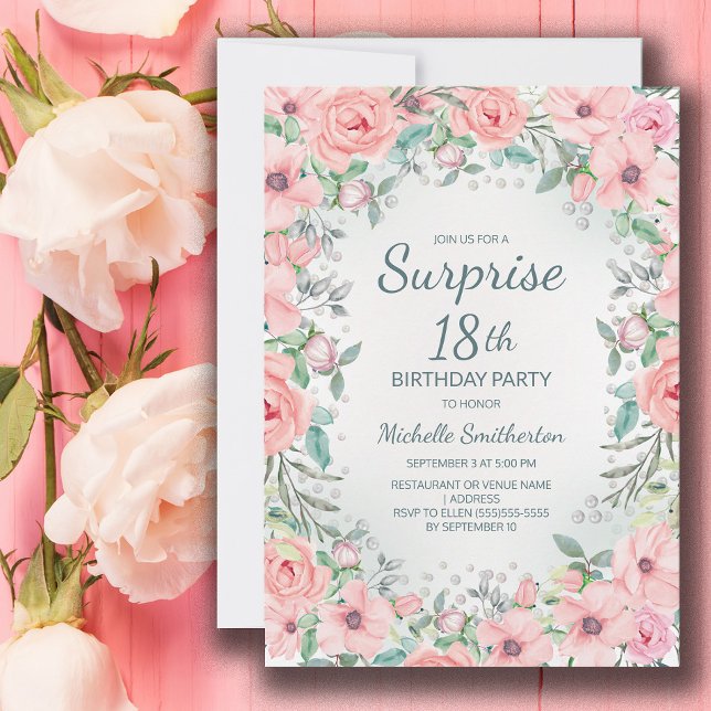 Pink Watercolor Floral Rosas Perlas 18 cumpleaños (Blush pink floral surprise 18th birthday party invitation personalized with your text.)