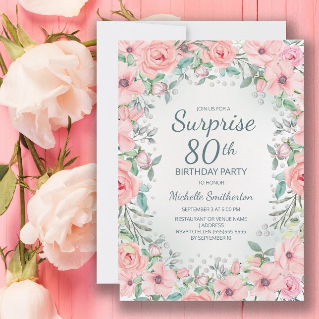 Pink Watercolor Floral Rosas Perlas 80 cumpleaños (Blush pink floral surprise 80th birthday party invitation customized with your text.)