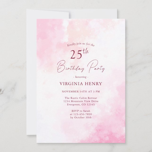 Pink Watercolor Invitación a los 25 Años (Anverso)