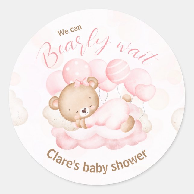 Pink We Can Bearly Wait Pegatinas Baby Shower (Anverso)