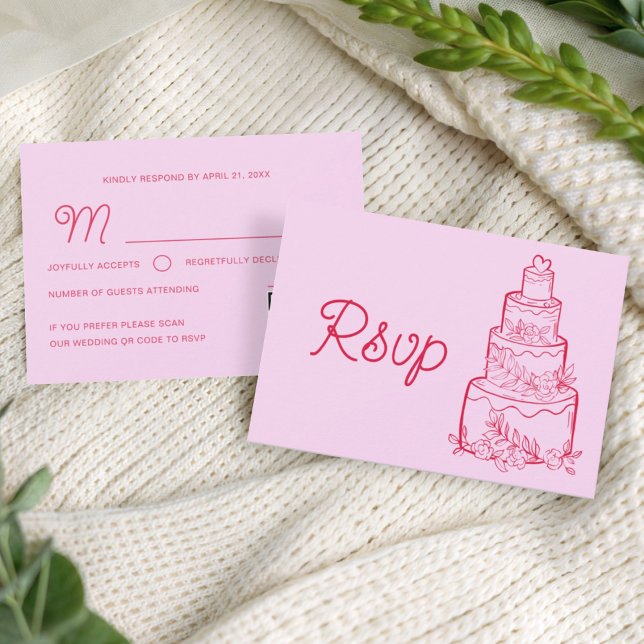 Pink Wedding Cake RSVP Card with QR Code (Subido por el creador)